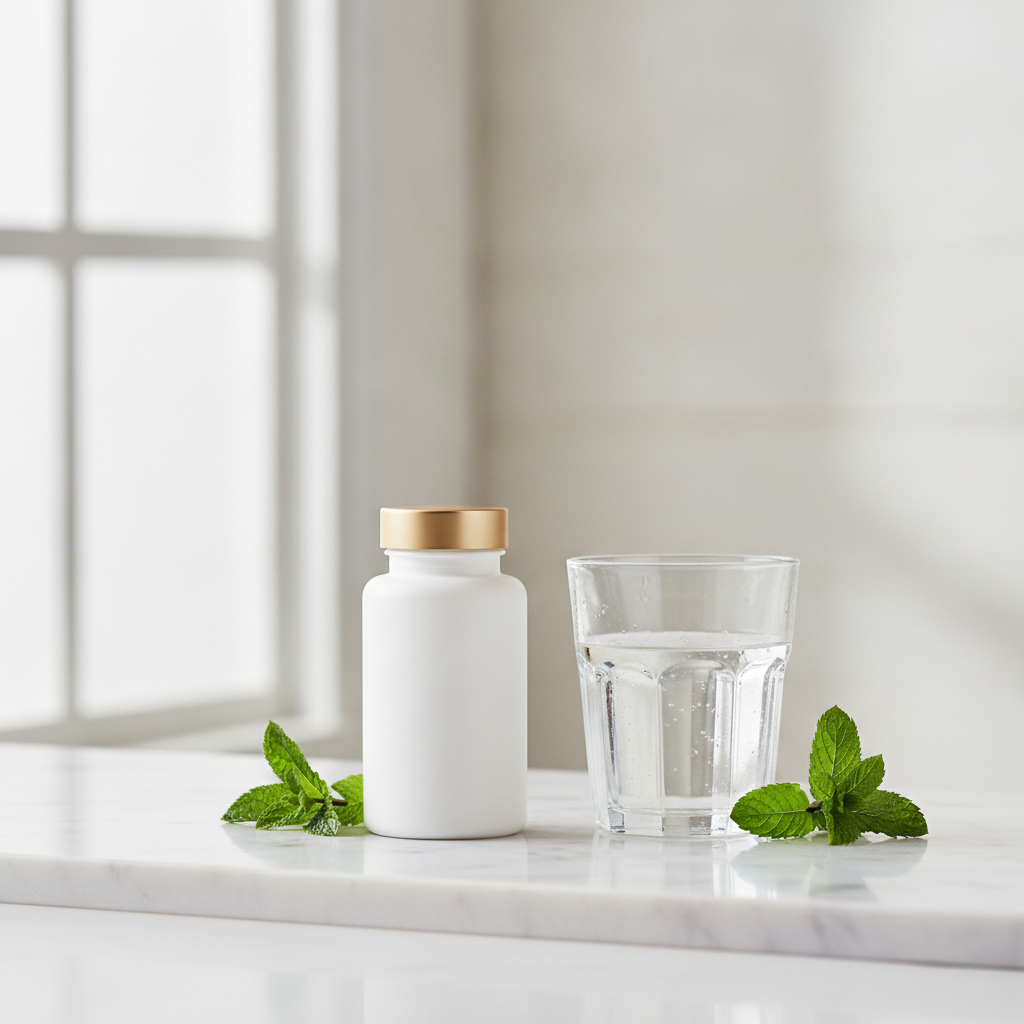 DentaBiome oral health supplement bottle displayed on modern bathroom counter